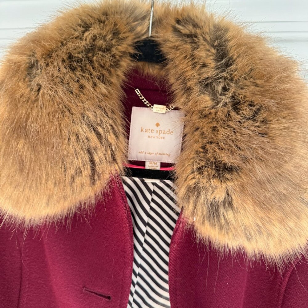 Kate Spade Coat Flounce Wool Peacoat Fur Hood in Maroon Size M - Picture 2 of 4
